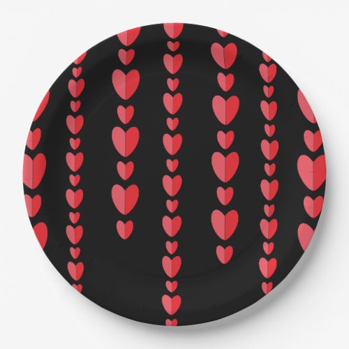 Red Hearts Cute Valentines Black Paper Plates