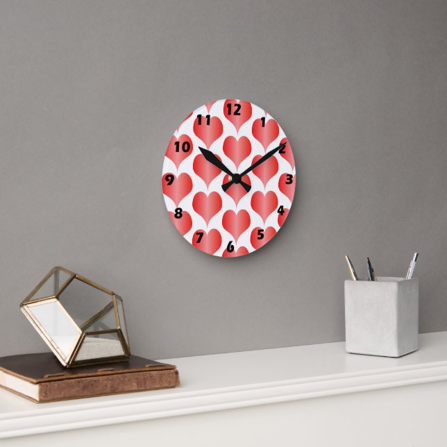 Red Hearts Design Round Clock (Office)
