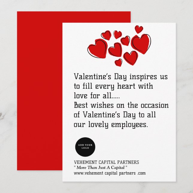 Red Hearts  Employees Office Logo Valentines Day Holiday Card (Front/Back)