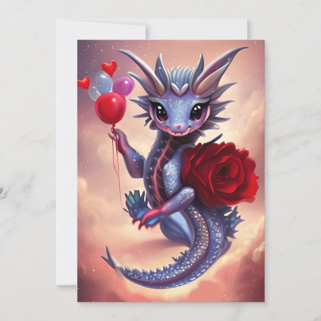 Red Hearts Fantasy Valentine Dragon  Holiday Card (Front)