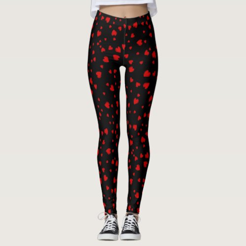 Red Hearts Floating Pattern on Black Leggings