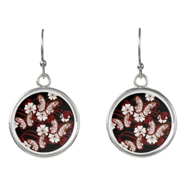 Red Hearts Floral Butterflies Earrings (Front)