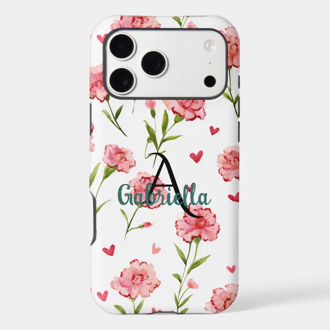 Red Hearts Flowers Monogram Name Case-Mate iPhone Case (Back)
