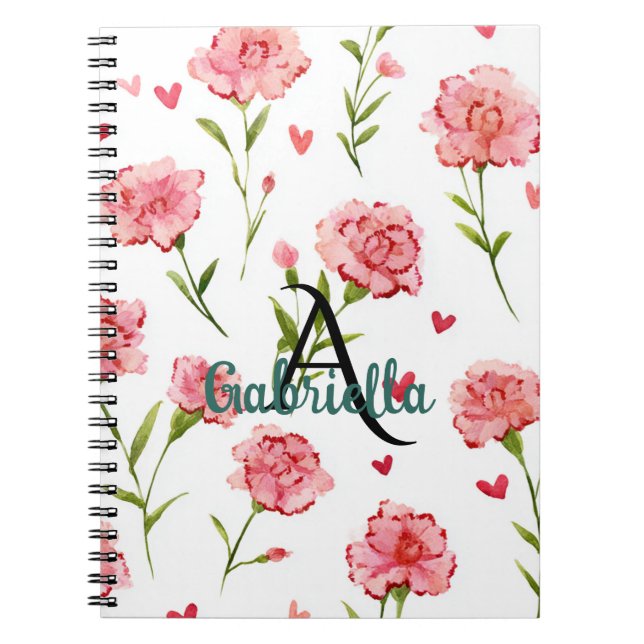 Red Hearts Flowers Monogram Name Notebook (Front)