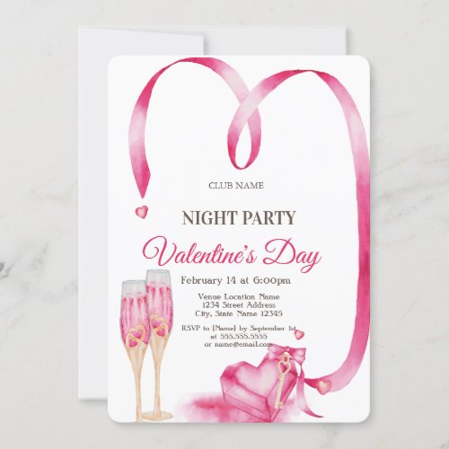 Red Hearts Glass Valentines Day Night Party  Invitation