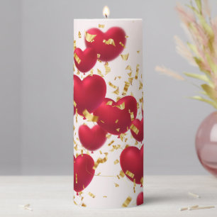 Red Hearts Gold Confetti Pillar Candle