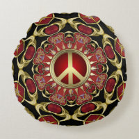 Red Hearts Gold Peace Power Love Round Pillow