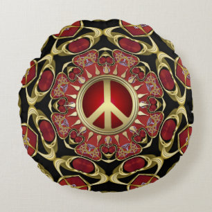 Red Hearts Gold Peace Power Love Round Pillow