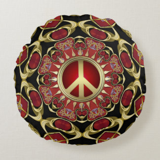 Red Hearts Gold Peace Power Love Round Pillow