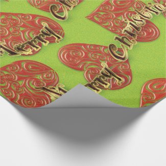 Red hearts-Gold Sparkles-Green Backgrd gift wrap