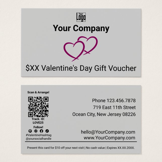 Red Hearts Gray Valentine's Day Gift Voucher Card (Front & Back)
