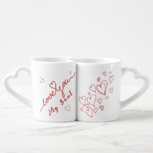 Red hearts handwritten love you coffee mug set