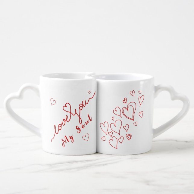 Red hearts handwritten love you coffee mug set (Back Nesting)