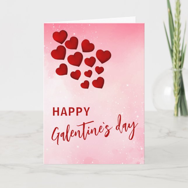 Red Hearts Happy Galentine`s Day Friends  Holiday Card (Front)