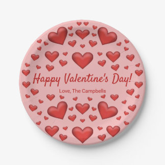 Red Hearts Happy Valentine's Day &amp; Custom Text Paper Plates