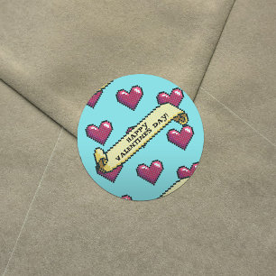 Red Hearts Happy Valentine's Day Pixel Art Pattern Classic Round Sticker
