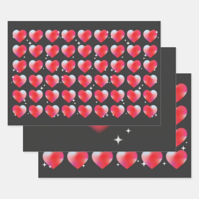 Red hearts in black background, valentine's day  wrapping paper sheets (Set)