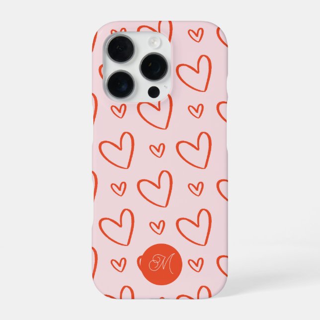 Red hearts in pink background with name initial iPhone case (Back)