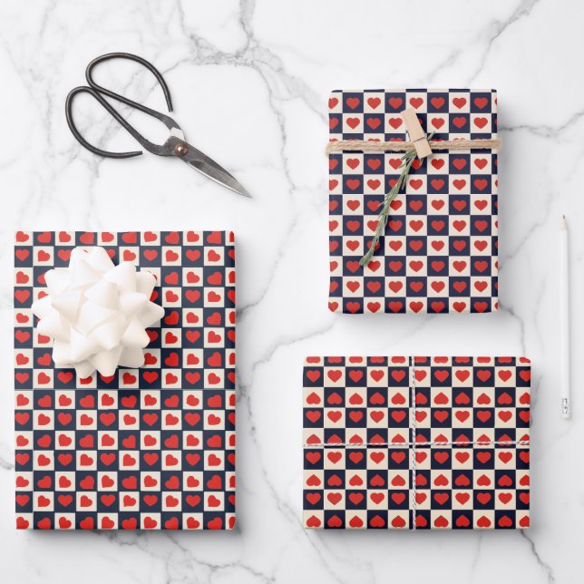 Red hearts in squares pattern Valentines Day Wrapping Paper Sheets (Front)