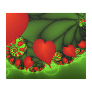 Red Hearts Lime Green Modern Abstract Fractal Art