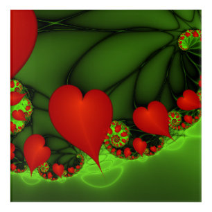 Red Hearts Lime Green Modern Abstract Fractal Art