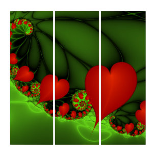 Red Hearts Lime Green Modern Abstract Fractal Art