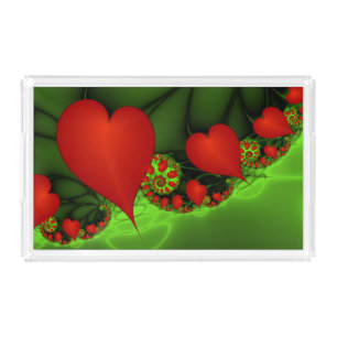 Red Hearts Lime Green Modern Abstract Fractal Art Acrylic Tray