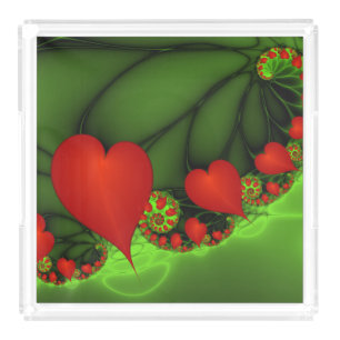 Red Hearts Lime Green Modern Abstract Fractal Art Acrylic Tray