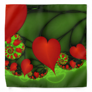 Red Hearts Lime Green Modern Abstract Fractal Art Bandana