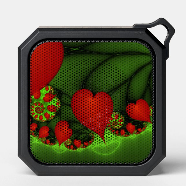 Red Hearts Lime Green Modern Abstract Fractal Art Bluetooth Speaker (Front)