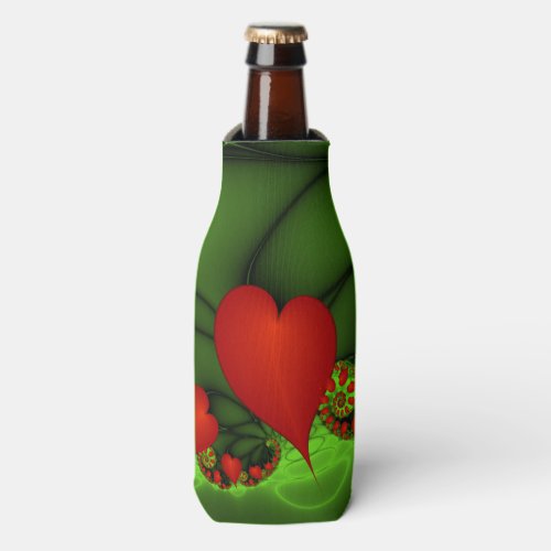 Red Hearts Lime Green Modern Abstract Fractal Art Bottle Cooler