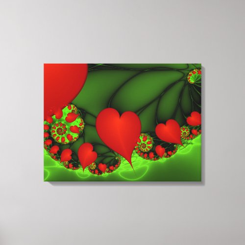 Red Hearts Lime Green Modern Abstract Fractal Art Canvas Print