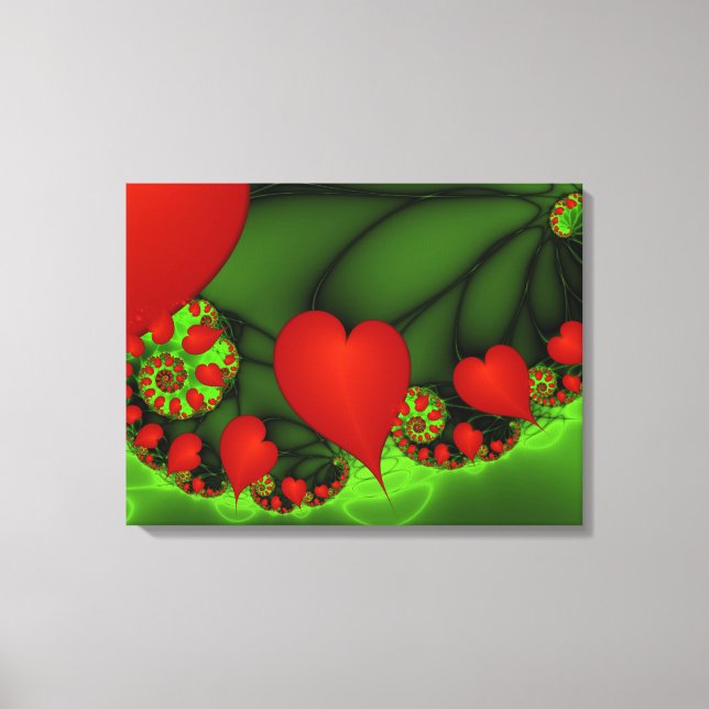 Red Hearts Lime Green Modern Abstract Fractal Art Canvas Print (Front)