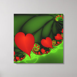 Red Hearts Lime Green Modern Abstract Fractal Art Canvas Print