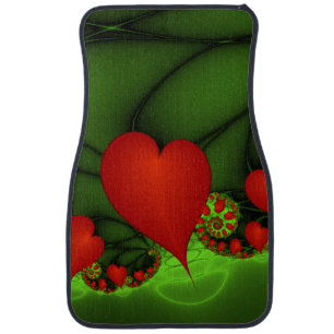 Red Hearts Lime Green Modern Abstract Fractal Art Car Floor Mat