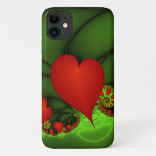 Red Hearts Lime Green Modern Abstract Fractal Art iPhone 11 Case
