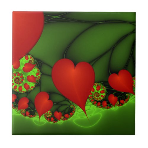 Red Hearts Lime Green Modern Abstract Fractal Art Ceramic Tile