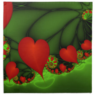 Red Hearts Lime Green Modern Abstract Fractal Art Cloth Napkin