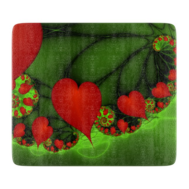 Red Hearts Lime Green Modern Abstract Fractal Art Cutting Board (Front)