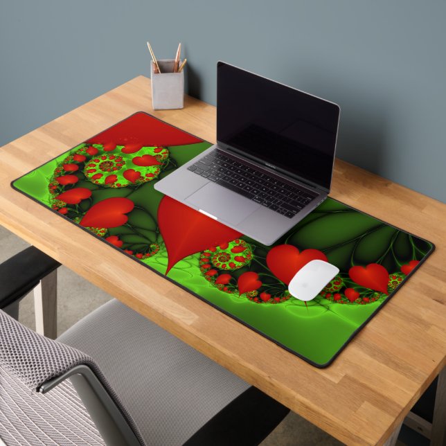 Red Hearts Lime Green Modern Abstract Fractal Art Desk Mat (Office 2)