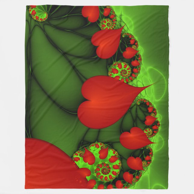 Red Hearts Lime Green Modern Abstract Fractal Art Fleece Blanket (Front)