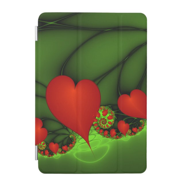Red Hearts Lime Green Modern Abstract Fractal Art iPad Mini Cover (Front)