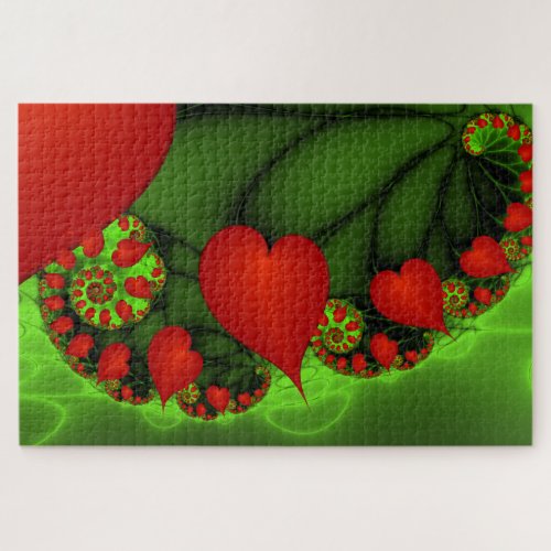 Red Hearts Lime Green Modern Abstract Fractal Art Jigsaw Puzzle
