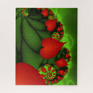 Red Hearts Lime Green Modern Abstract Fractal Art Jigsaw Puzzle