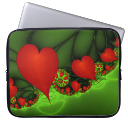 Red Hearts Lime Green Modern Abstract Fractal Art Laptop Sleeve