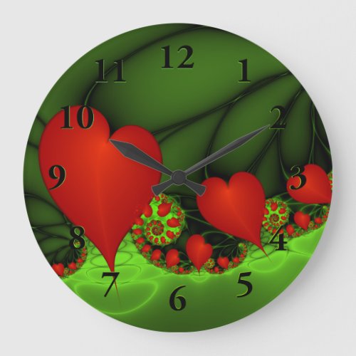 Red Hearts Lime Green Modern Abstract Fractal Art Large Clock