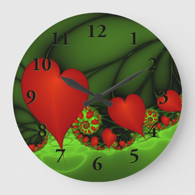Red Hearts Lime Green Modern Abstract Fractal Art Large Clock (Front)
