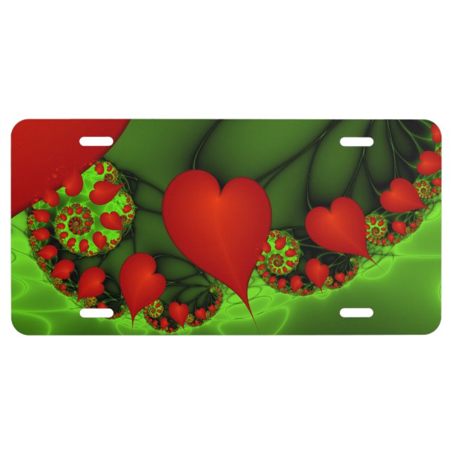 Red Hearts Lime Green Modern Abstract Fractal Art License Plate (Front)