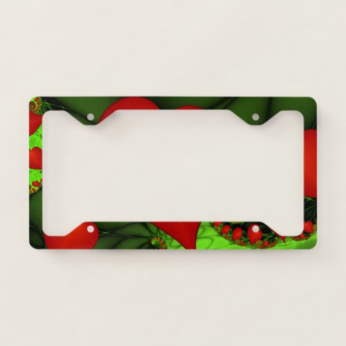 Red Hearts Lime Green Modern Abstract Fractal Art License Plate Frame