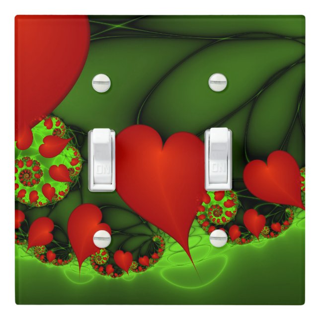 Red Hearts Lime Green Modern Abstract Fractal Art Light Switch Cover (In Situ)